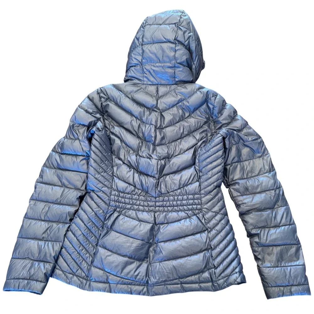Calvin Klein Womens XS Metallic Blue Packable Premium Down Hooded Puffer Jacket